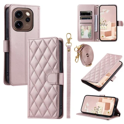 PU Leather Case for Oppo Reno15 Pro Max 5G (Global)  /  Reno15 Pro 5G (China) Wallet Rhombus Grid Phone Cover with Shoulder Strap  /  Wrist Strap - Rose Gold