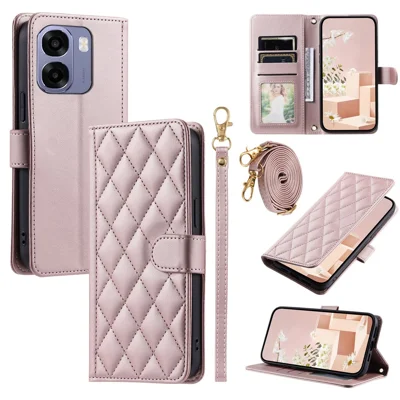 PU Leather Case for Oppo A6s 5G  /  A6x 4G  /  A6x 5G  /  A6 4G  /  A6x 5G (India)  /  A6t 4G  /  A6t 5G  /  A6t Pro 4G  /  A6c 4G  /  A6s 4G  /  A6 5G (Global) Wallet Rhombus Grid Phone Cover with Shoulder Strap  /  Wrist Strap - Rose Gold