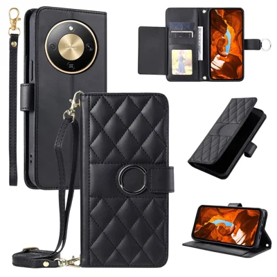 Crossbody Leather Case for Honor Magic8 Lite 5G  /  X9d 5G  /  X70 5G Ring Buckle Wallet Stand Rhombus Mobile Cover - Black