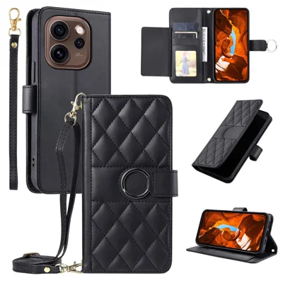 Crossbody Leather Case for Oppo Reno15 Pro Max 5G (Global)  /  Reno15 Pro 5G (China) Ring Buckle Wallet Stand Rhombus Mobile Cover - Black