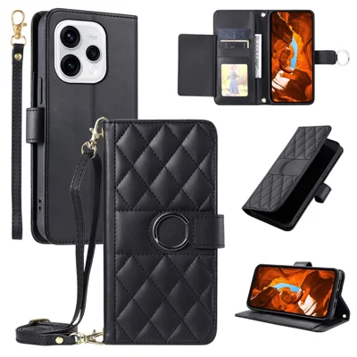 Crossbody Leather Case for Oppo Reno15 5G (Global)  /  Reno15c 5G (China) Ring Buckle Wallet Stand Rhombus Mobile Cover - Black