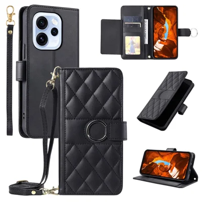 Crossbody Leather Case for Oppo Reno15 F 5G  /  Reno15 FS 5G Ring Buckle Wallet Stand Rhombus Mobile Cover - Black