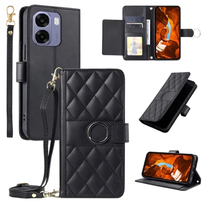 Crossbody Leather Case for Oppo A6s 5G  /  A6x 5G  /  A6x 4G  /  A6x 5G  /  A6 4G  /  A6x 5G (India)  /  A6t 4G  /  A6t 5G  /  A6t Pro 4G  /  A6c 4G  /  A6s 4G  /  A6 5G (Global) Ring Buckle Wallet Stand Rhombus Mobile Cover - Black