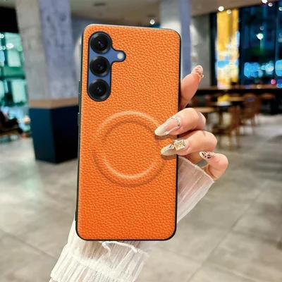 Magnetic Case For Samsung Galaxy A16 5G  /  4G Litchi Texture PU Leather Coated PC + TPU Protective Phone Cover - Orange