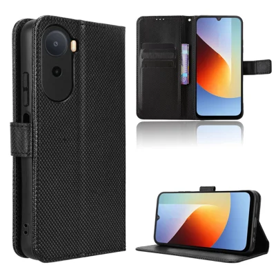 Capa Carteira em Couro para Xiaomi Redmi A7 Pro 4G com Alça, Capa para Telemóvel com Textura Diamante - Preto