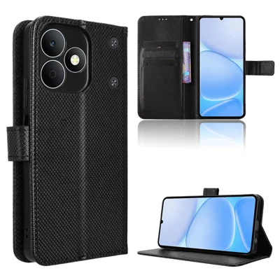 Étui portefeuille en cuir pour Realme Note 80 4G avec dragonne, housse téléphone texture diamant - Noir