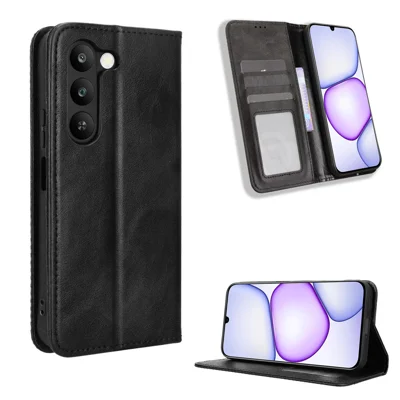 Til Realme C83 5G Læderetui Wallet Ståplade Retro Struktur Telefondæksel - Sort