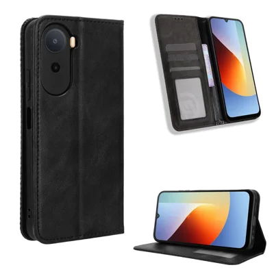 Capa de Couro para Xiaomi Redmi A7 Pro 4G, Capa Carteira com Suporte, Textura Retro, Preto