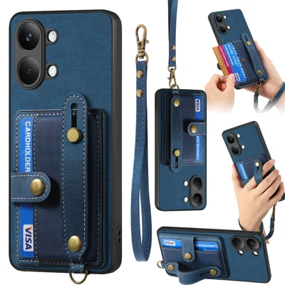 Obudowa tylnia w stylu retro z skóry PU z uchwytem na kartę i oparciem z opaską na nadgarstek dla Xiaomi Redmi Turbo 5 Max 5G / Xiaomi Poco X8 Pro Max 5G - Niebieska