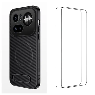 WANLONFENG For Nothing Phone (4a) Pro QT1 Series Magnetic Case with 2Pcs Tempered Glass Films Kickstand Carbon Fiber Texture PC TPU Phone Cover - Black