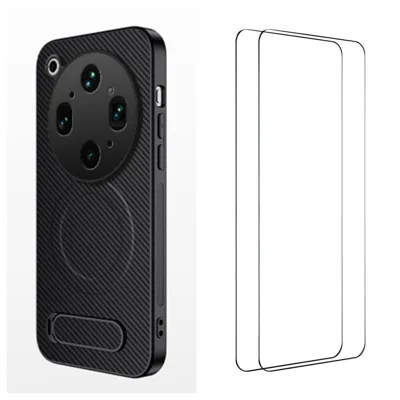 Para Oppo Find X9 Ultra 5G WANLONFENG Série QT1 Capa Magnética com 2 Unidades de Películas de Vidro Temperado Suporte com Textura em Fibra de Carbono PC TPU Capa para Telemóvel - Preto