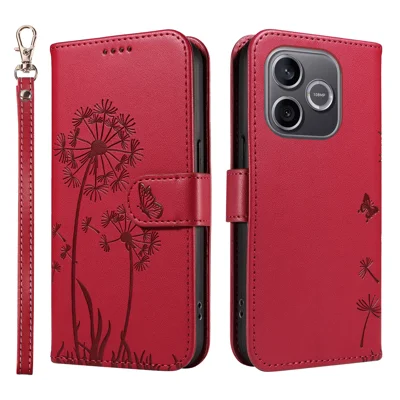 For Honor 600 Lite 5G Læder Wallet Case med strap Dandelion-tryk Phone Stand Cover - Rød