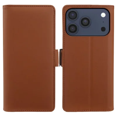 Etui skórzane z portfelem i uchwytem na iPhone'a 17 Pro Max, pokrycie typu TPU + PU, dotykowe, kolor brązowy