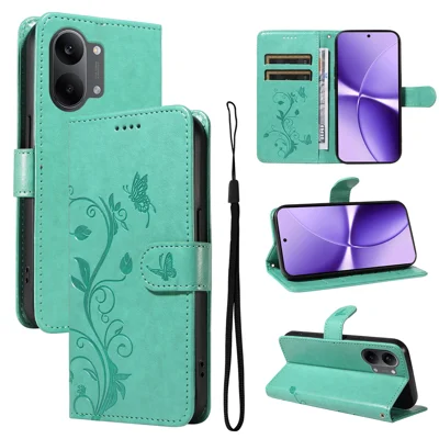Folia z syntetycznej skóry PU do Xiaomi Poco X8 Pro Max 5G / Xiaomi Redmi Turbo 5 Max 5G, z portfelem, podstawką i paskiem na rękę, z motywem kwiatów - Zielony