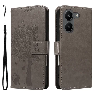 For Xiaomi Poco X8 Pro 5G / Xiaomi Redmi Turbo 5 5G Phone Case with Stand Cat Tree Pattern Leather Wallet Mobile Cover - Grey