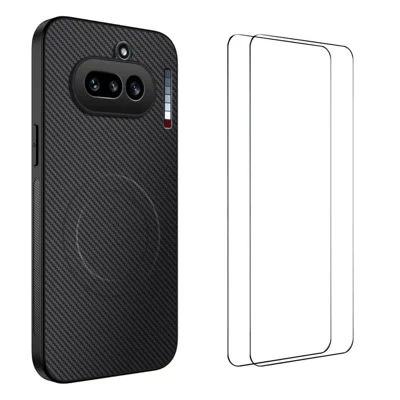 WANLONFENG For Nothing Phone (4a) TQ1 Series Magnetic Case Carbon Fiber Texture PC TPU Phone Cover with 2Pcs Screen Films - Black
