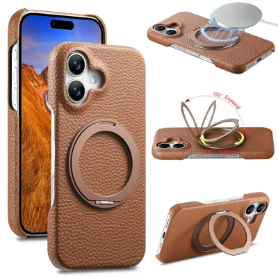 For iPhone 16 Magnetic Case PC PU Phone Cover with 360 Rotating Ring Kickstand - Brown