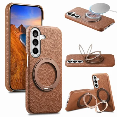For Samsung Galaxy S26+ Magnetic Case PC PU Phone Cover with 360 Rotating Ring Kickstand - Brown