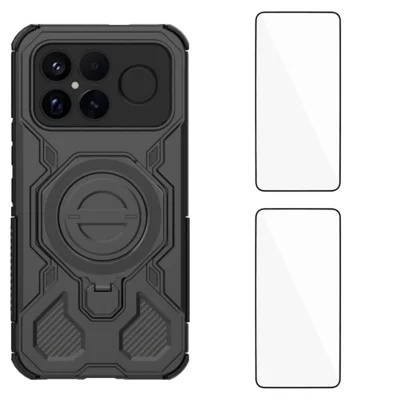 Für Xiaomi Poco F8 Ultra / Xiaomi Redmi K90 Pro Max 5G Hülle mit Ständer und 2 Stk. Displayschutzfolie WANLONFENG KJ Serie PC TPU Handyhülle (Großes Objektivloch) - Schwarz