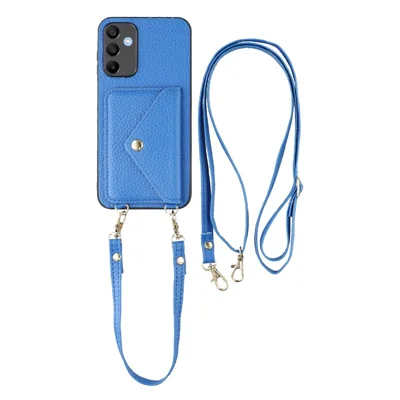 Voor Samsung Galaxy A36 5G Hoesje met Pasjeshouder Litchi Structuur PU Leder + TPU Telefoonhoesje met Riemen - Blauw