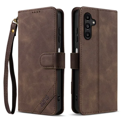 AZNS A2 for Samsung Galaxy A15 4G / A15 5G Leather Case with Wrist Strap RFID Blocking Wallet Stand Phone Cover - Brown