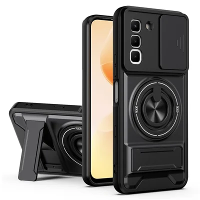 Magnetic Case For Infinix Hot 70 Ring Holder Foldable Kickstand TPU PC Phone Cover with Camera Lens Slider - Black