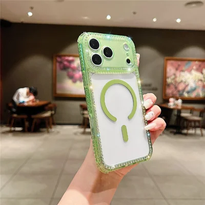 For iPhone 18 Pro / 17 Pro Magnetic Phone Case Sparkling Rhinestone Decor TPU + Acrylic Transparent Cover Compatible with MagSafe - Green
