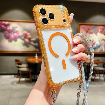Coque magnétique pour iPhone 17 Pro, coque transparente en TPU + acrylique avec strass scintillants et cordon amovible long, compatible MagSafe - Orange