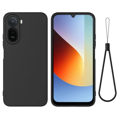 Liquid Silicone Case for Xiaomi Poco C85x 5G / Redmi A7 Pro 4G (171.56mm) / Redmi A7 Pro 5G Phone Back Cover with Hand Strap - Black