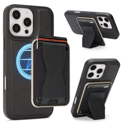 Für iPhone 16 Pro Max Magnetische Hülle mit Abnehmbarem Kartenhalter Ständer TPU + PU Rückseite Kompatibel mit MagSafe - Schwarz