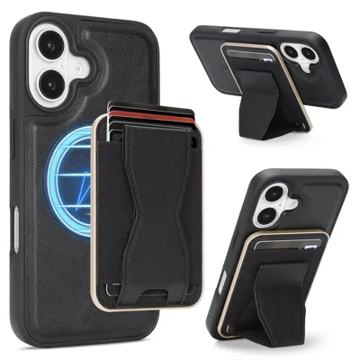 For iPhone 16 Magnetic Case with Detachable Card Holder Kickstand TPU + PU Back Cover Compatible with MagSafe - Black