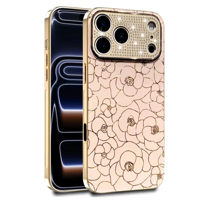 Coque pour iPhone 17 Pro Max avec Anneau de Caméra en Diamants, Motif Fleuri, Coque de Protection Antichoc en TPU et PC - Rose