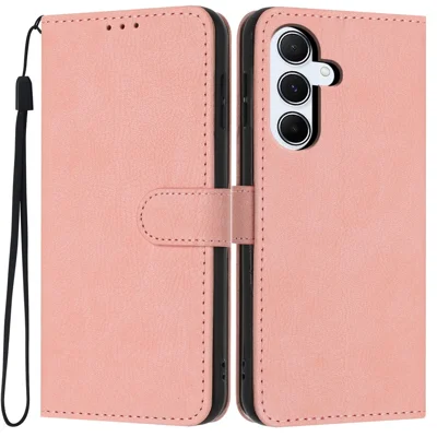 For Samsung Galaxy A35 5G Wallet Case Litchi Texture Leather Flip Cover with Card Slots and Hand Strap - Pink