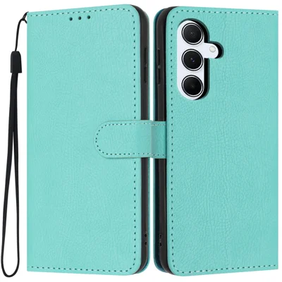 Flip-Cover mit Kartenfächern und Handgelenkband für Samsung Galaxy A25 5G (Global) (161 mm), Geldbörse aus Lederimitat mit Litschi-Struktur – Grün