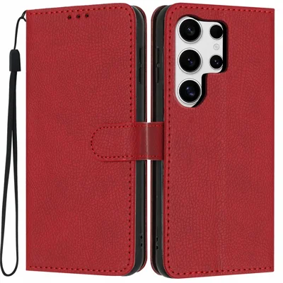 For Samsung Galaxy S24 Ultra Wallet Case Litchi Texture Leather Flip Cover with Card Slots and Hand Strap - Red