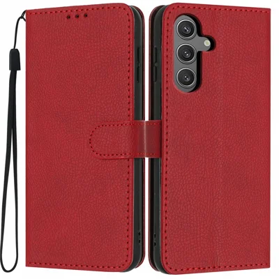 Samsung Galaxy S24 FE Brieftaschenhülle mit Litschi-Leder-Textur, Klappcover mit Kartenfächern und Handschlaufe - Rot