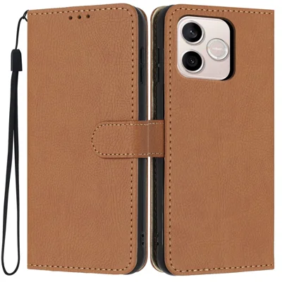 Capa Carteira para Honor 600 Lite 5G com Textura em Pele de Litchi, Capa de Abrir com Ranuras para Cartões e Alça de Mão - Castanho