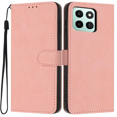 Cover Portafoglio per Honor X6c 4G / X5b Plus / X5b, Custodia Pieghevole in Vera Pelle con Texture Effetto Litchi, Scomparti per Carte e Cinturino da Polso - Rosa