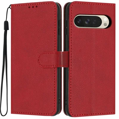 For Google Pixel 10 Pro XL  /  9 Pro XL Wallet Case Litchi Texture Leather Flip Cover with Card Slots and Hand Strap - Red