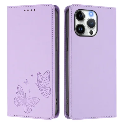 For iPhone 16 Pro Max Wallet Case RFID Blocking Butterfly Imprinted Magnetic Flip Leather Cover - Light Purple