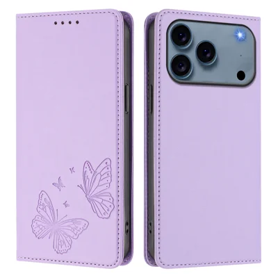 For iPhone 18 Pro Max / 17 Pro Max Wallet Case RFID Blocking Butterfly Imprinted Magnetic Flip Leather Cover - Light Purple