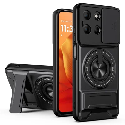 Magnetic Case For Motorola Moto G17 Power 4G / G17 4G / G15 4G / G15 Power 4G Ring Holder Foldable Kickstand TPU PC Phone Cover with Camera Lens Slider - Black