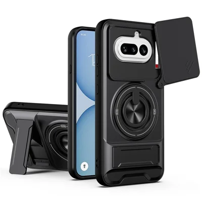 Magnetic Case For Nothing Phone (4a) Ring Holder Foldable Kickstand TPU PC Phone Cover with Camera Lens Slider - Black