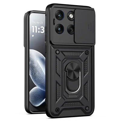 Étui pour Motorola Edge 70 Fusion+ 5G / Edge 70 Fusion 5G avec support pivotant et couvercle coulissant pour appareil photo PC + TPU - Noir