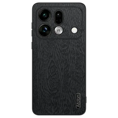 For Oppo Find X9s Pro 5G Case Wood Texture PU Leather Coated PC TPU Phone Cover - Black