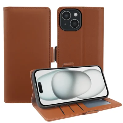 Voor iPhone 15 Leren Hoesje Portemonnee Stand TPU + PU Huid-aanraking Cover - Bruin
