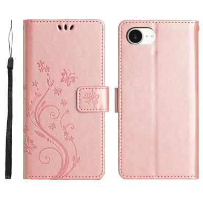 For iPhone 17e Leather Wallet Case Butterfly Flower Imprinted Phone Cover with Strap - Rose Gold