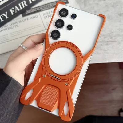 For Samsung Galaxy S24 Ultra Case Racing Car Style Magnetic Ring Kickstand Heat Dissipation Hollow Phone Cover - Orange