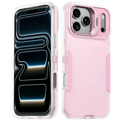 Für iPhone 17 Pro Hülle TPU + PC Hybrid-Handyhülle mit Metall-Linsenrahmen Ständer - Transparent / Rosa