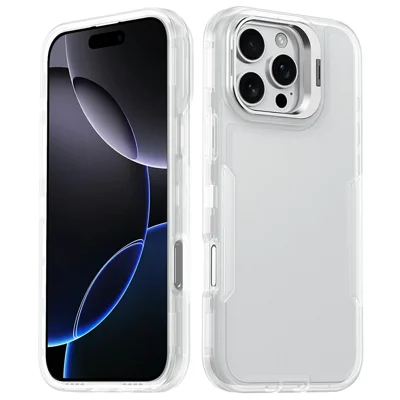 Für iPhone 16 Pro Max Hülle TPU + PC Hybrid-Handyhülle mit Metall-Linsenrahmen Ständer - Transparent / Weiß